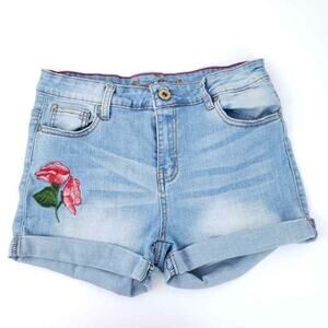 Roma Studio Jean Shorts Denim Size 9 Juniors, Floral Embroidered, Rolled Cuff